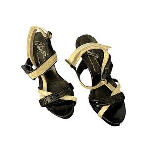 Donald J Pliner Womens Strappy Heels Black & Cream Snap Buckle Details Size 7